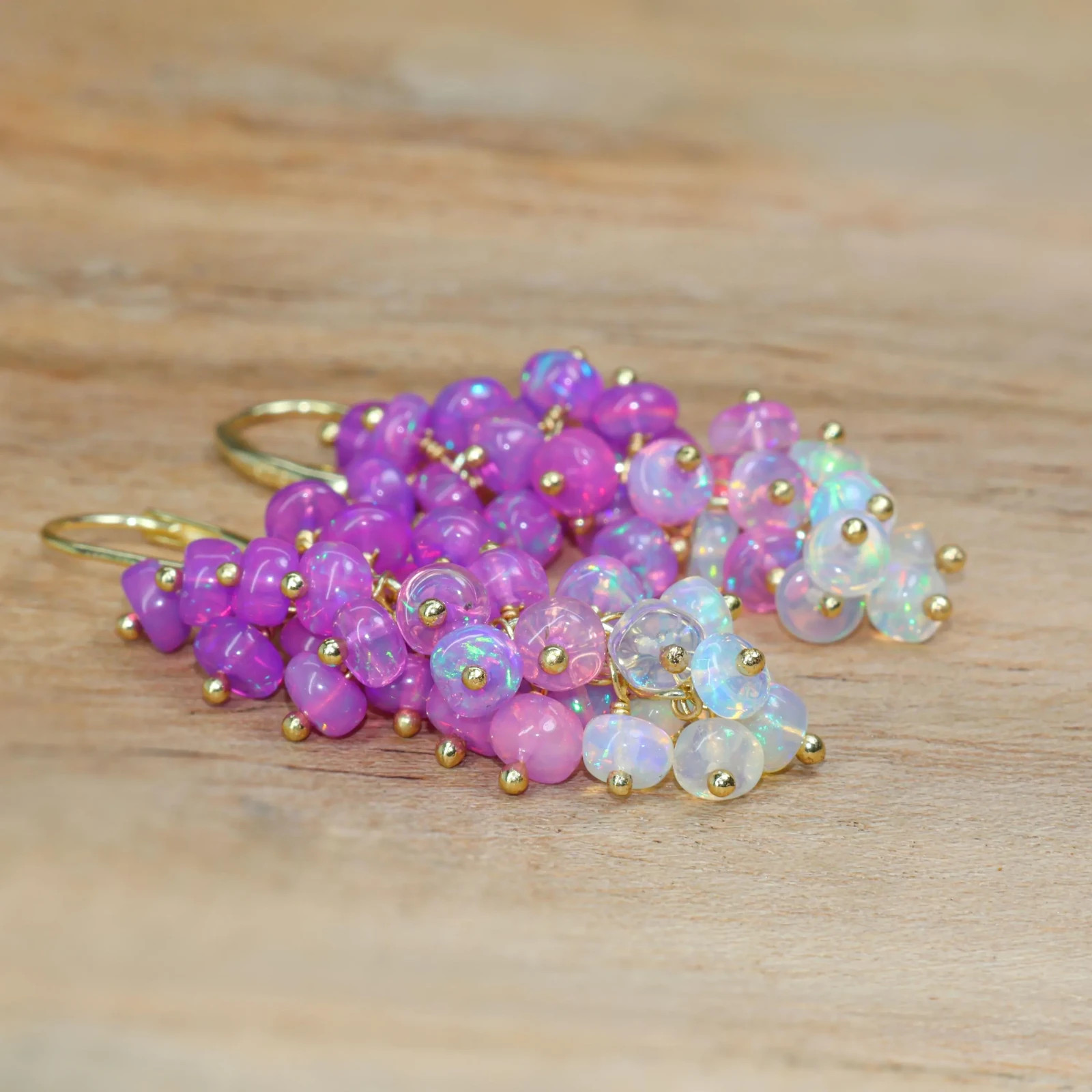 Fire Purple Opal Beads Cluster Earring, Genuine Opal Beaded Earring, Opal Dangle