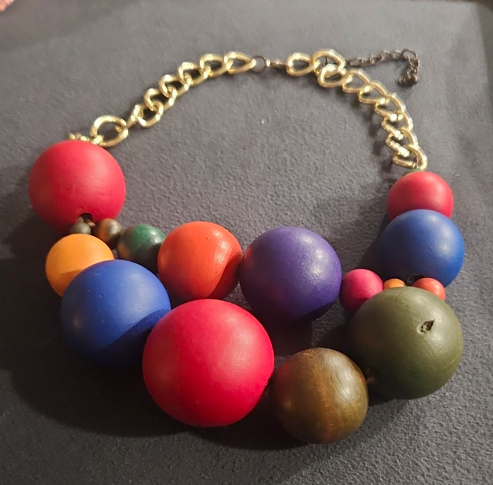Multicolor Large Wood Bead Statement Necklace Cable Chain Adjustable Extender