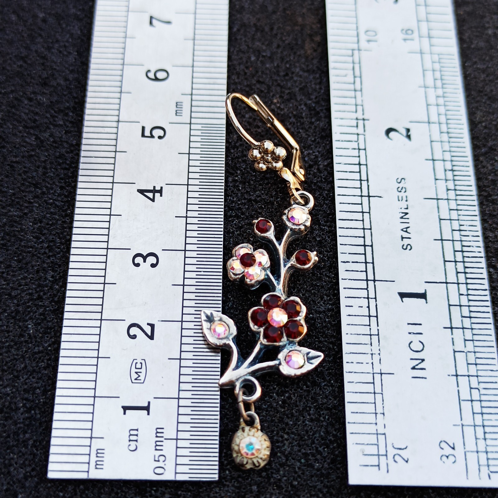 Michal Negrin Earrings Silver Aurora Borealis Red Crystals Long Flower Branch