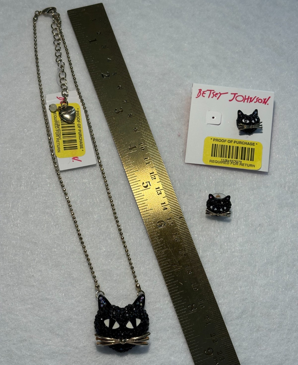 Betsey Johnson Black Crystal Cat Necklace and Earrings set