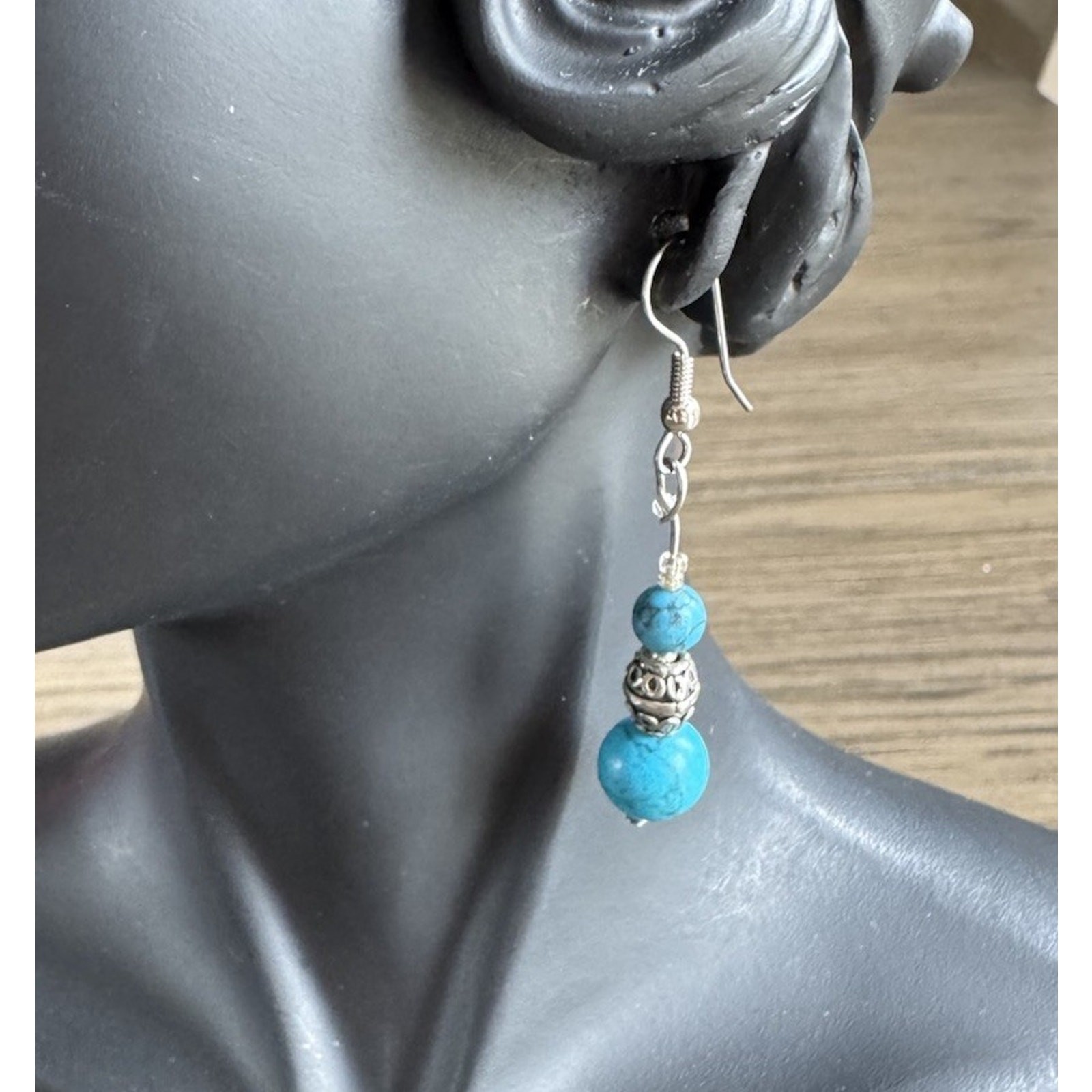Earrings Dyed Howlite Faux Turquoise Southwest Style Dangle Pierced Wire 2.25”
