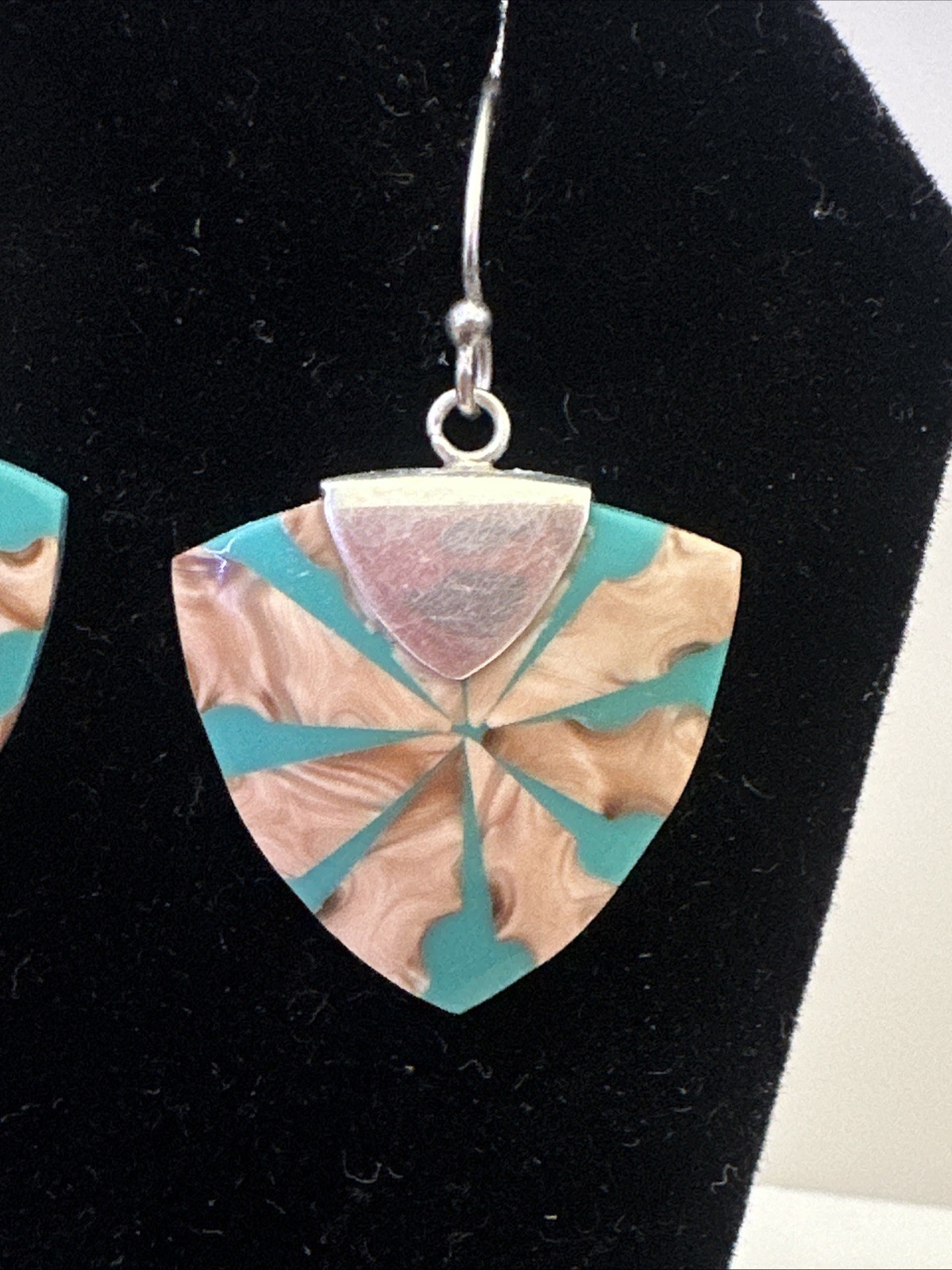 Turquoise Resin & Shell Drop Dangle Hook Earrings Sterling Silver