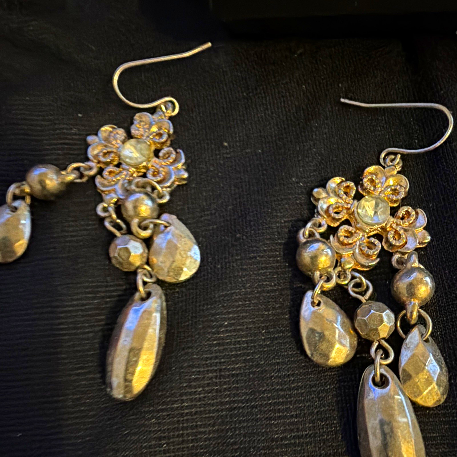 Gold Tone Teardrop Clear Bead Dangle Drop Earrings, Hook Closure