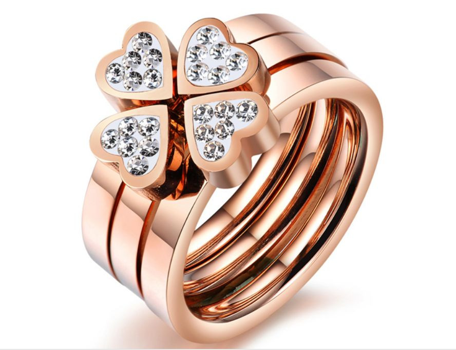 18KGP Rose Gold Stainless Steel 316L CZ Clover 3 in 1 Trinity Band and Ring Set