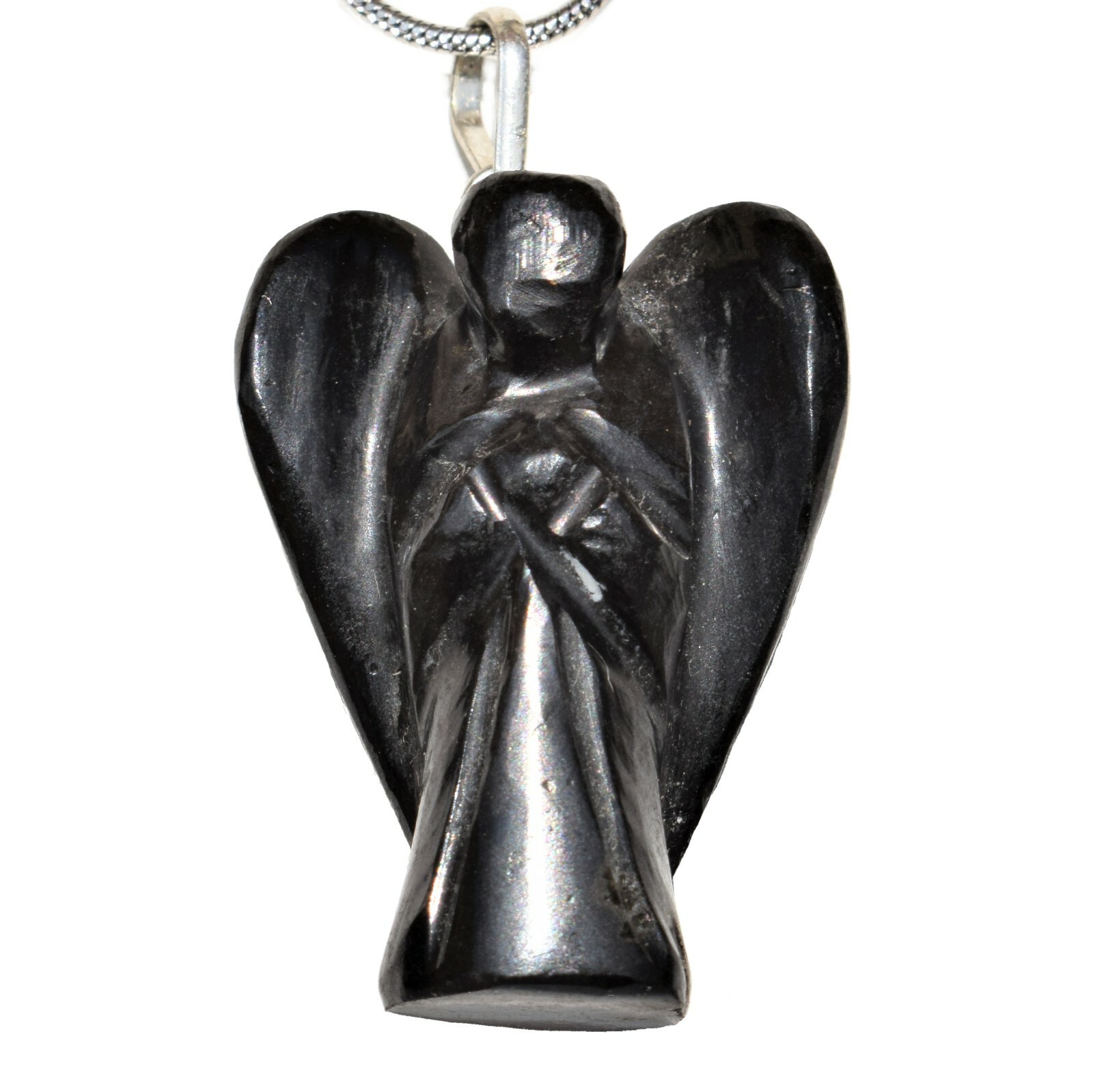 CHARGED Black Tourmaline Crystal Angel Pendant + 20″ Stainless Steel Chain