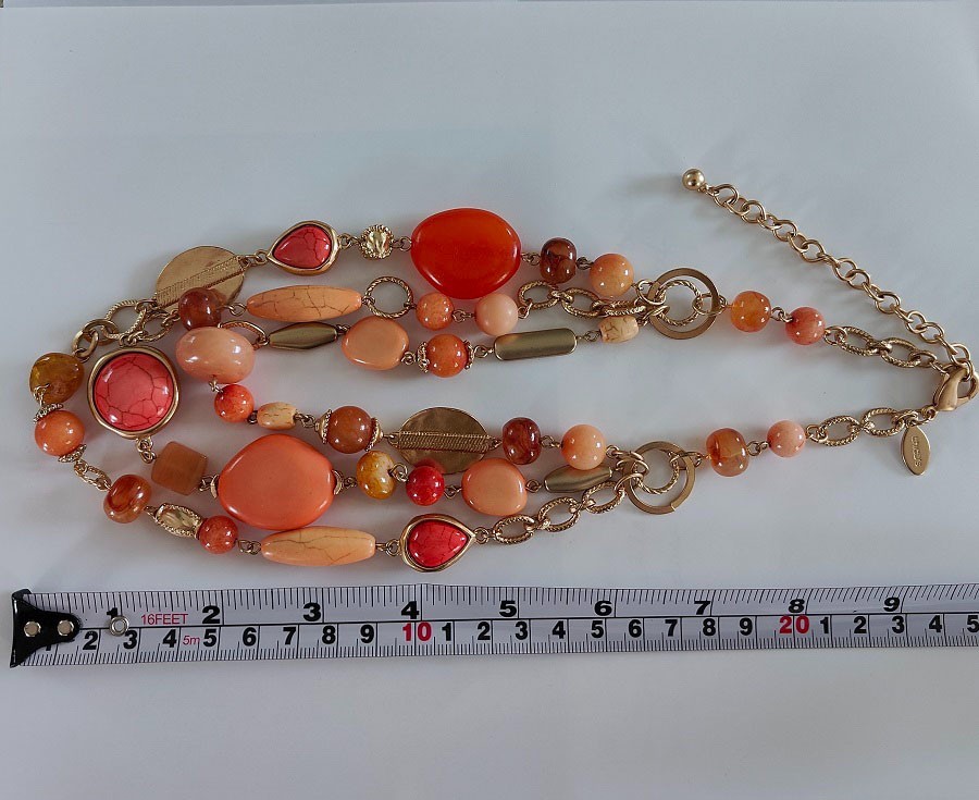 Chico’s Chunky 3 Strand Statement Necklace Coral Orange Gold Tone Boho