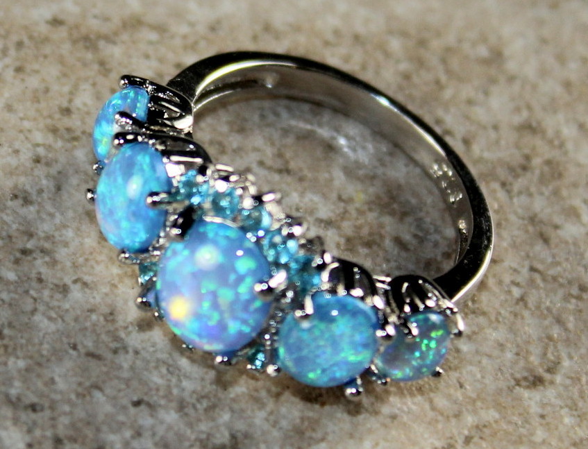 SILVER Elegant Blue Fire Opal & Sky Blue Topaz Ring Size 6, WR41603