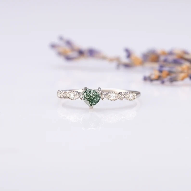 Moss agate heart promise ring, Unique heart cut moss agate engagement ring