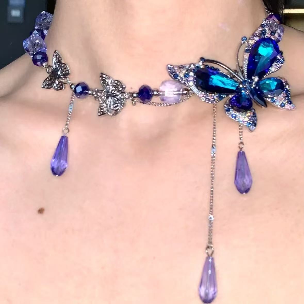 Y2K Blue-Purple Sparkling Butterfly Necklace