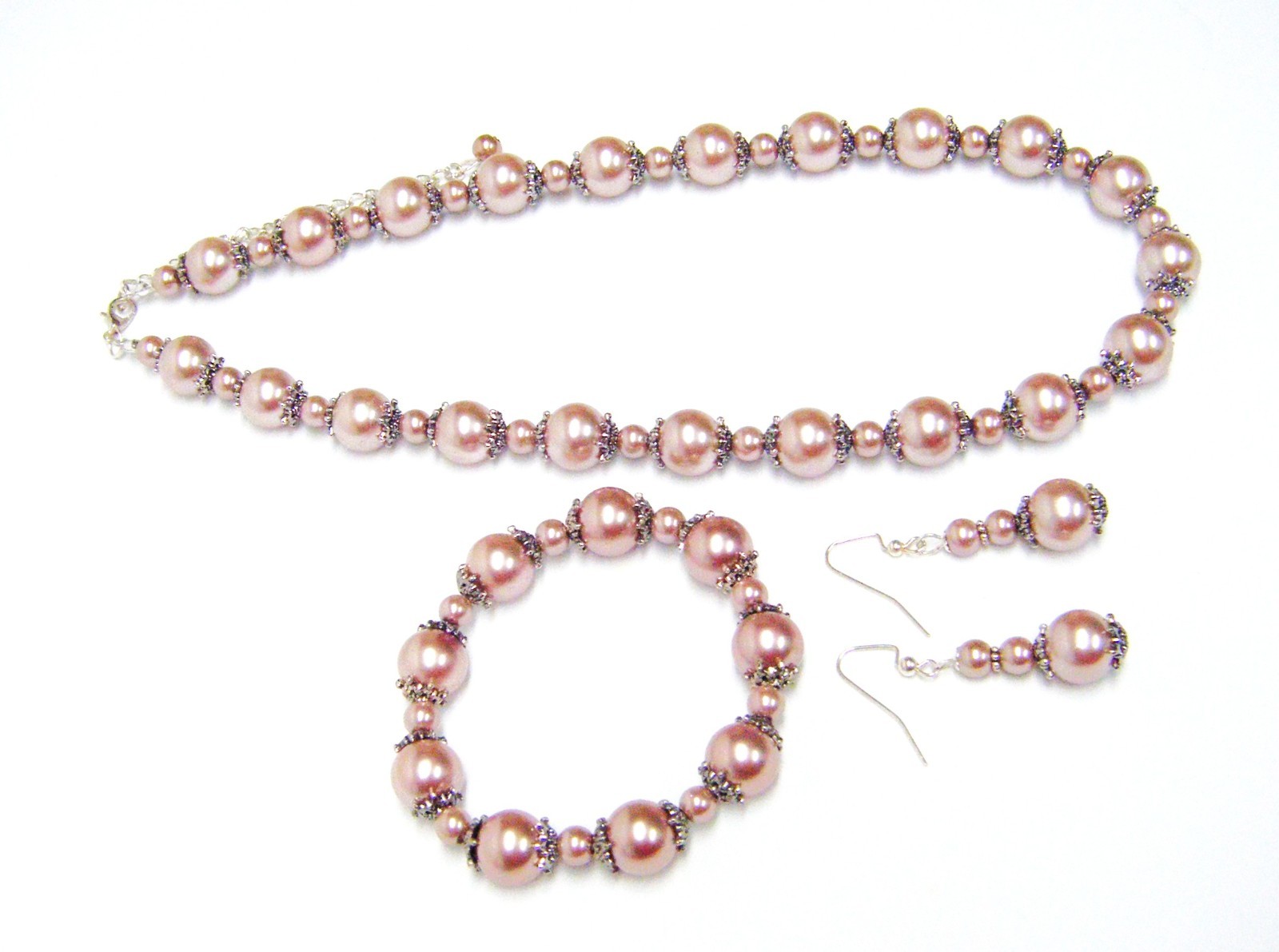 6/12mm Smoke Glass Pearl Necklace/Bracelet/Earrings w/Silver Plated Bead Caps