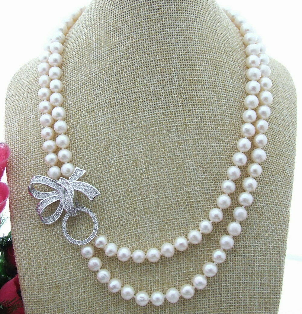 20″ 2 Rows 8MM White Freshwater cultured Pearl Necklace 18KGP Cz pave Clasp