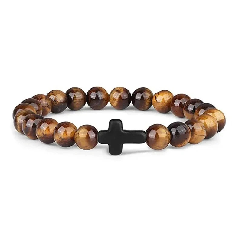 Natural Stone Beads Bracelet Hematite Cross Prayer Yoga Jewelry Men Women