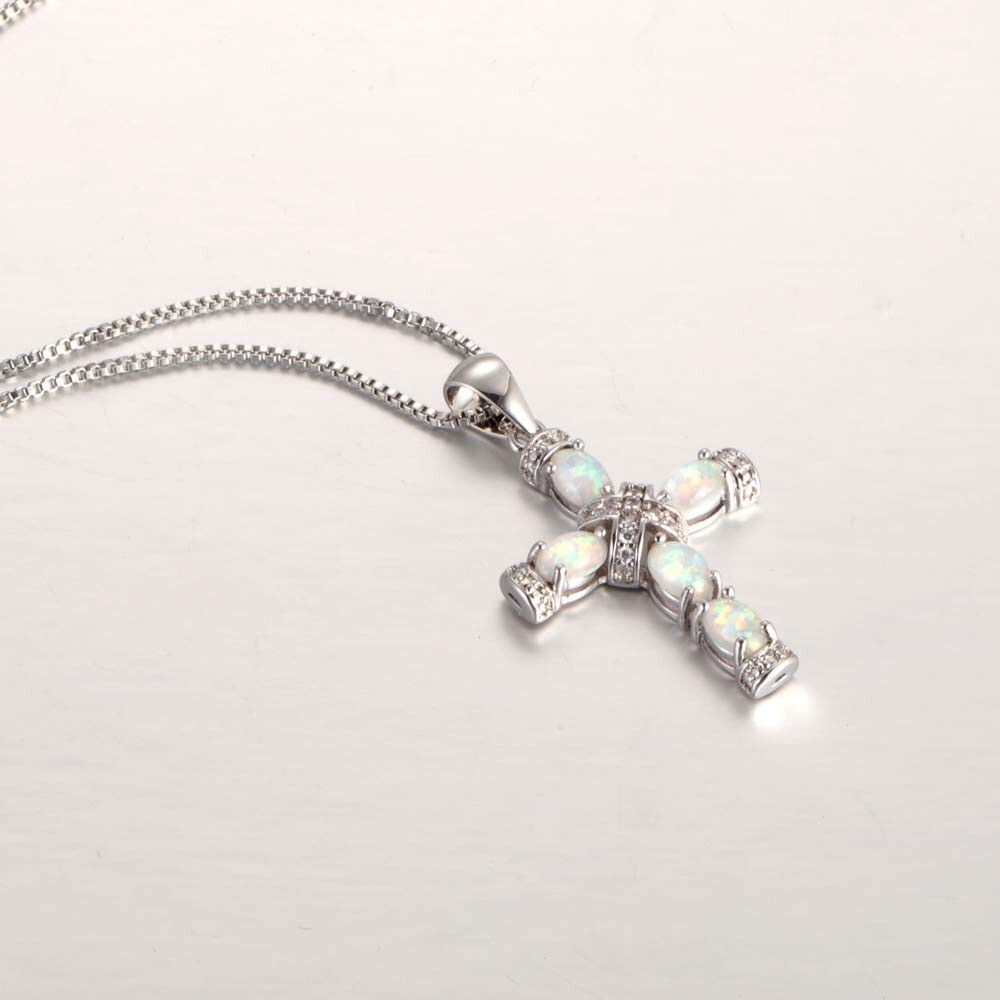 Hawaii White Fire Opal Cross Necklace pendants Silver Filled Women Girls Charm