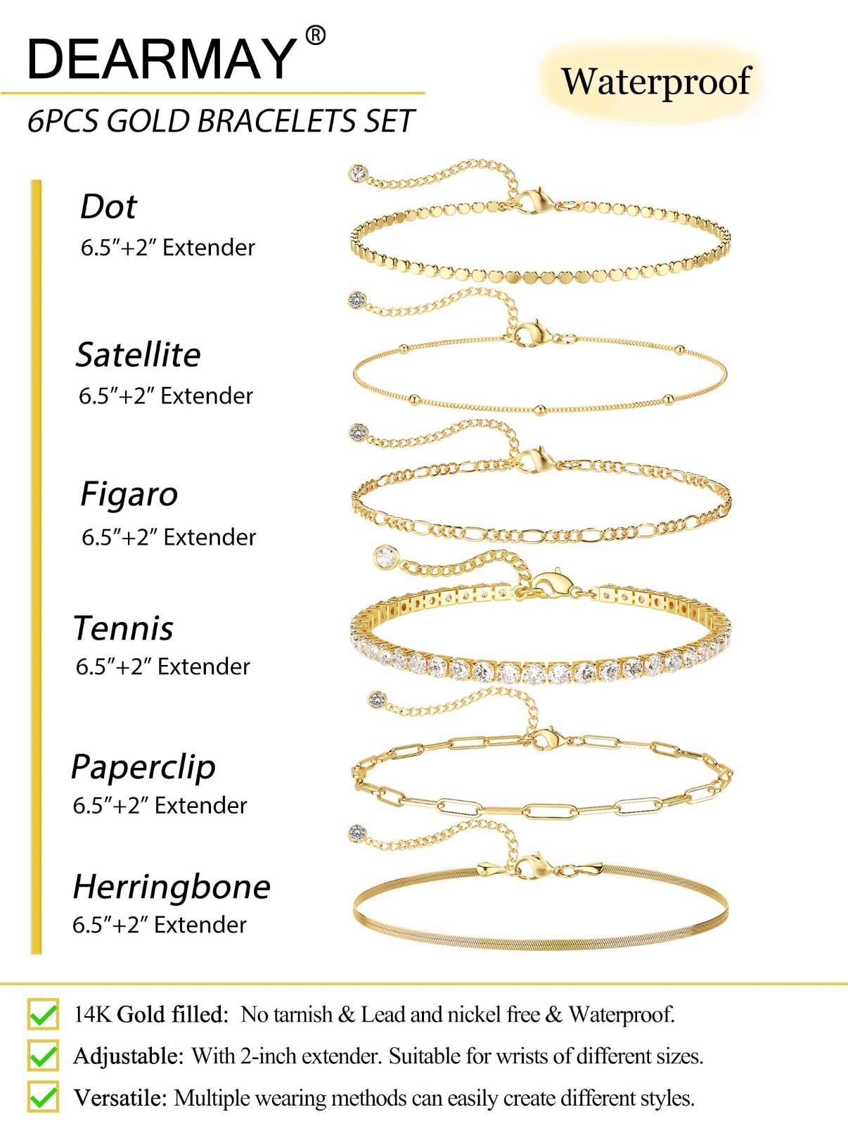 6PCS Gold & Silver Stackable Bracelets Set for Women – Dainty Tennis, Diamond, H