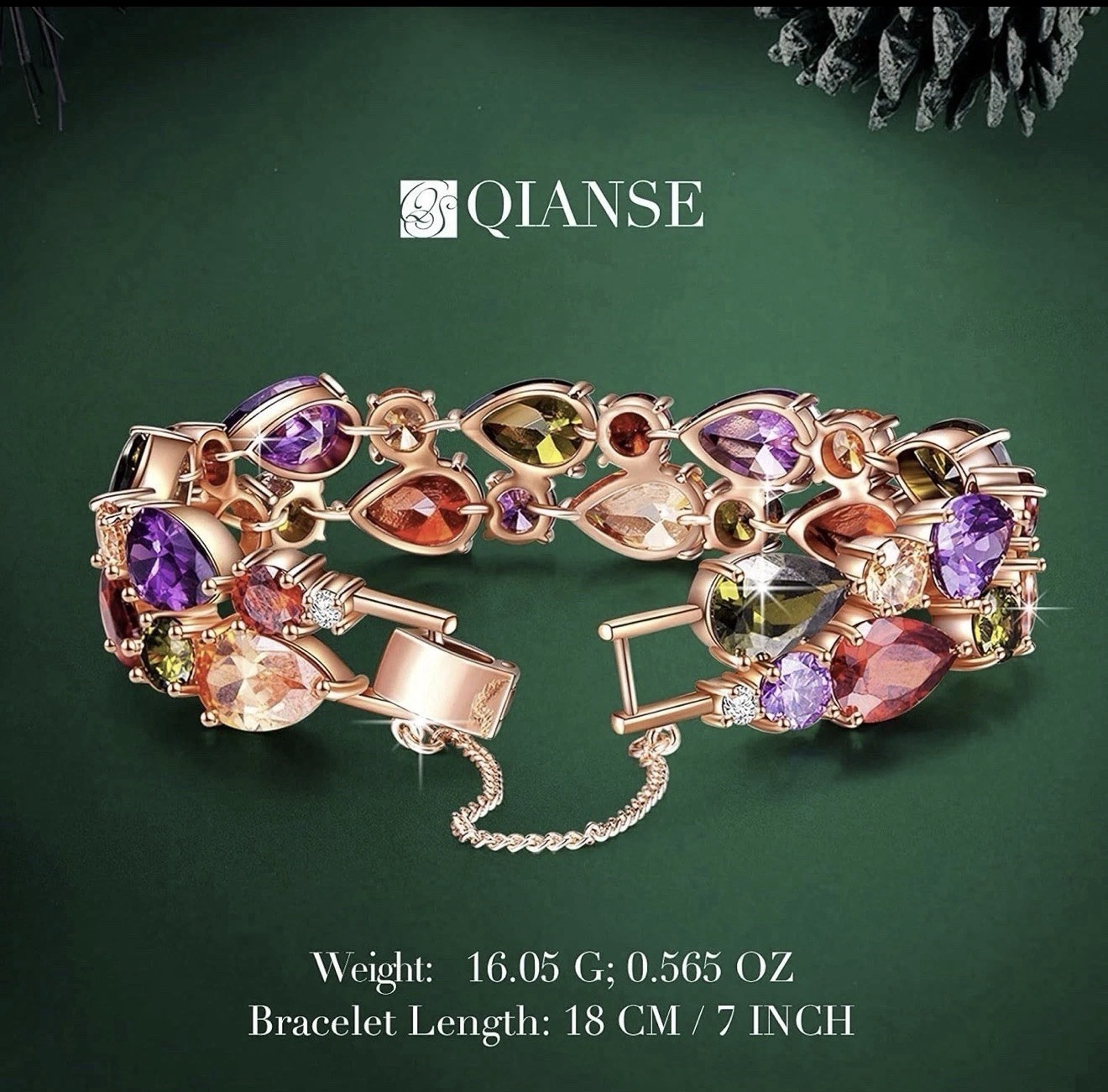 QIANSE 18K Rose Gold Plated Multicolor Lab Grown Stones Link Tennis Bracelet 7in