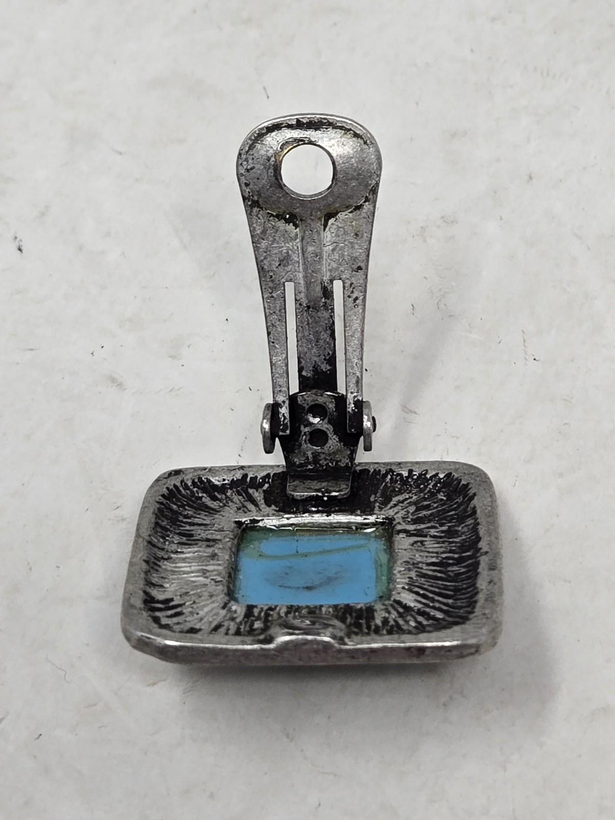 Rectangle Turquoise Faux Blue Stone Silver Rustic Look Earring Replacement Vtg