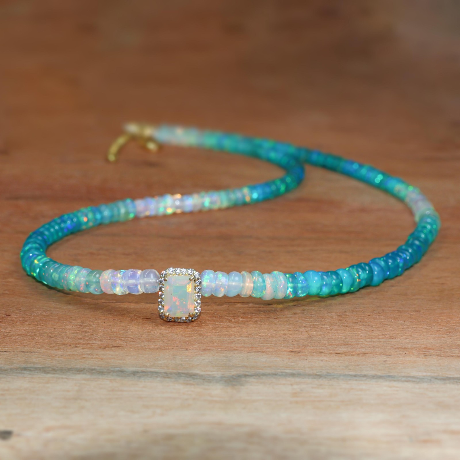 Green Multifire Opal Smooth Shaded Beads Necklace, Fire Octagon Cut Opal Charm