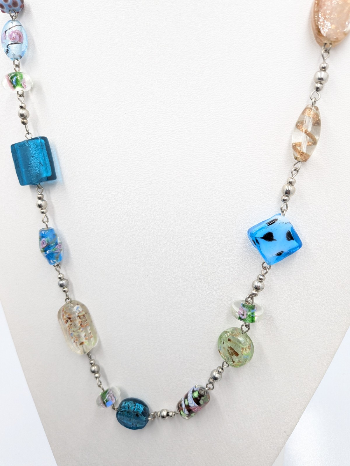 Premier Designs Necklace 35 in Colorful Art Glass Silver Tone Long Bead Strand