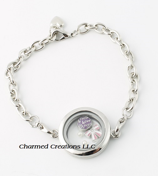 Floating Charm Memory Locket Chain Link Bracelet 25mm Mini Plain Silver Round