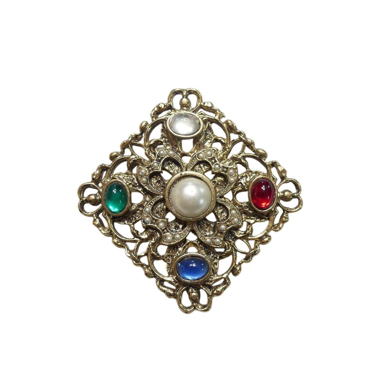 Vintage Byzantine Style Brooch in Red, Green, Blue and Pearlds