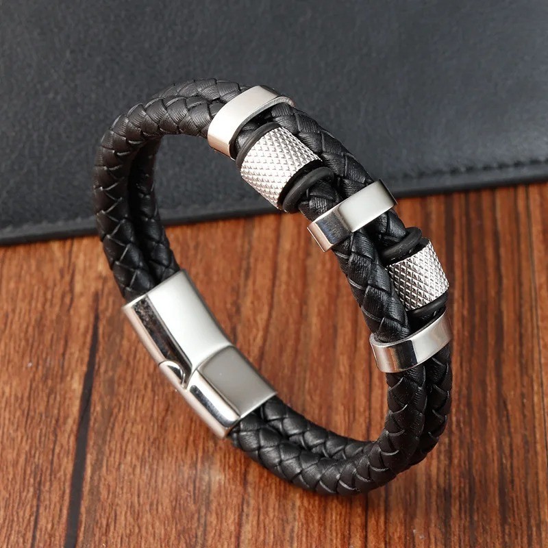 Braid Rope Bracelet Stainless Magnetic Buckle Genuine Leather Bangle Jewelry