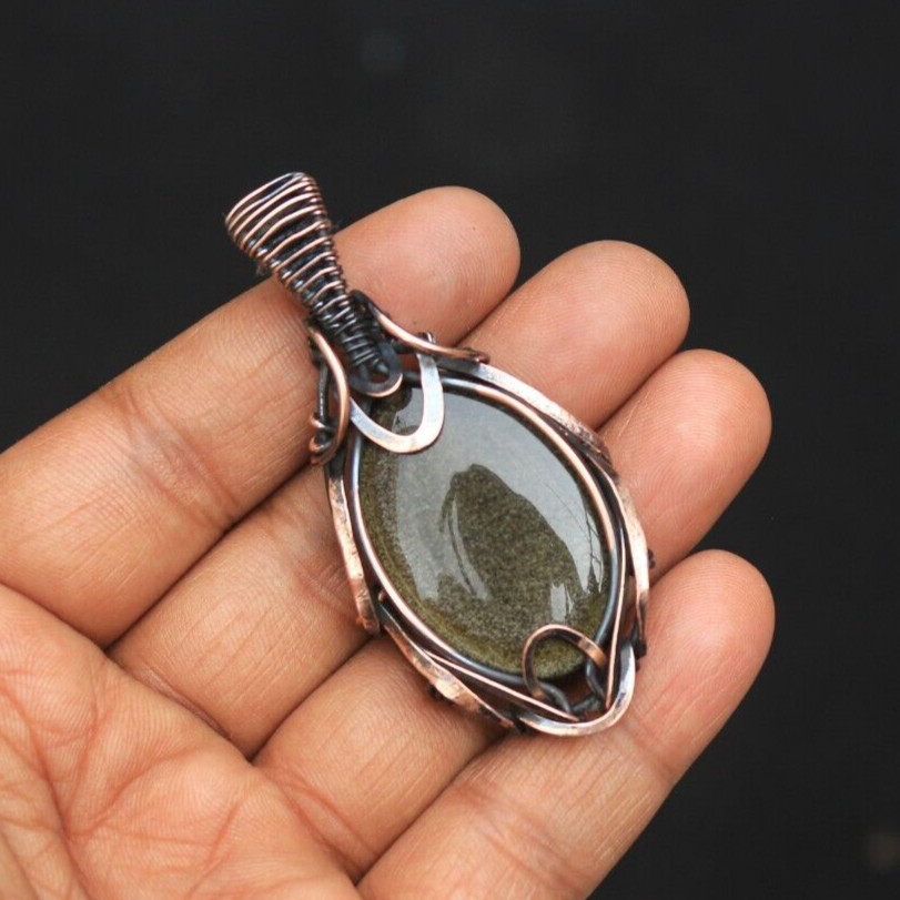 Golden Sheen Obsidian Copper Pendant Wire Wrap Gemstone fashion Jewelry N474