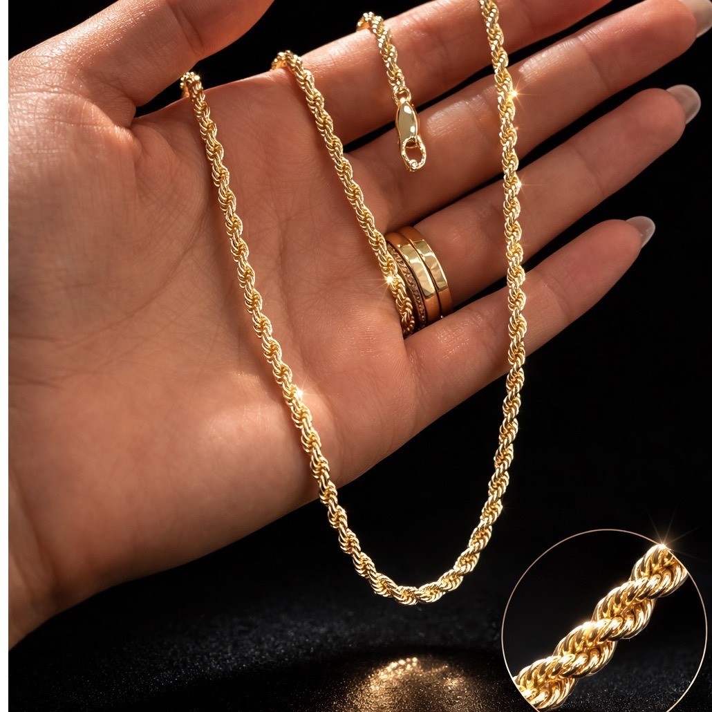 Unisex Gold PlatedRope Chain Necklace Twisted Link Diamond Cut 20″Lobster Clasp