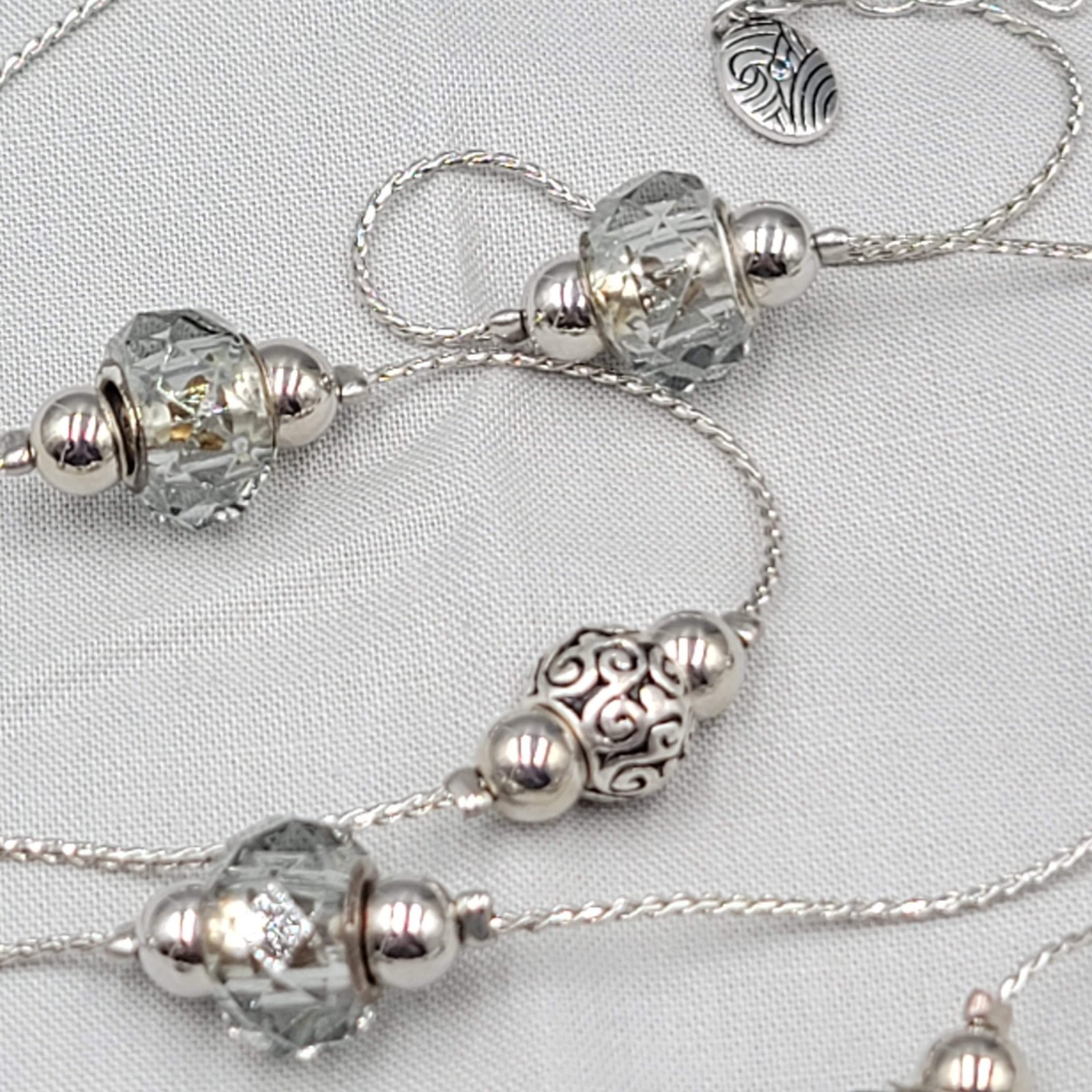 Signed Station Necklace Silver tone Glass Long 36 in