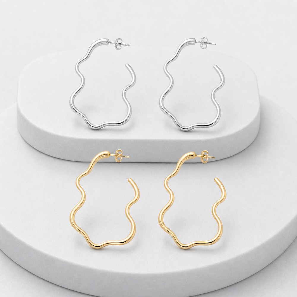 Stud Earrings Stainless Steel 18K Gold Plated Wavy 2.26 in Silver Gift E102