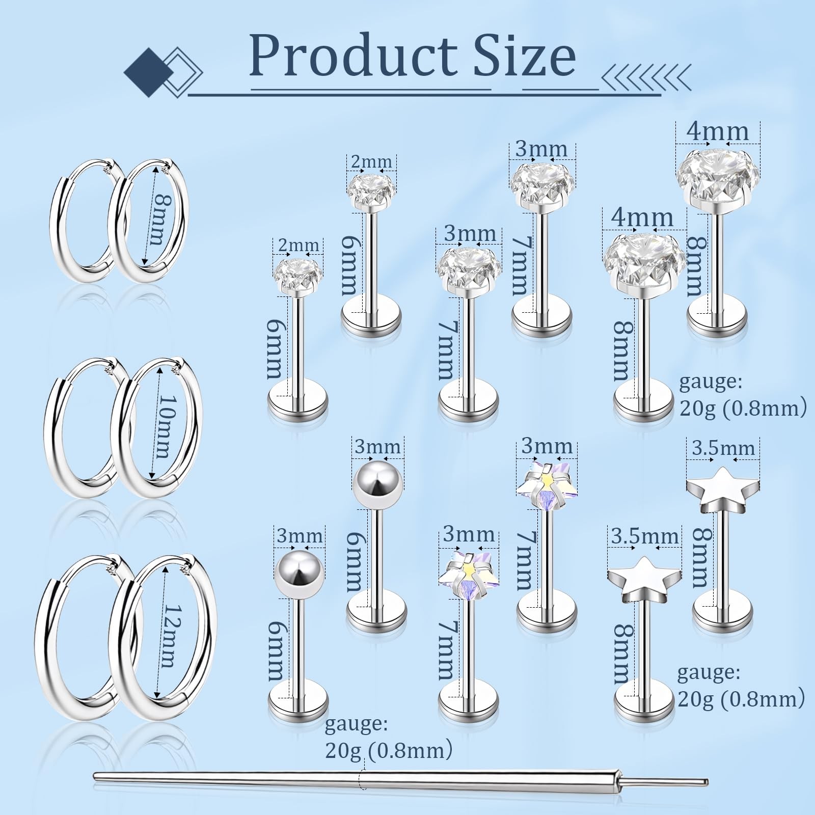 jagosen Flat Back Stud Earrings Cartilage Small, Sliver-20G(0.8mm)