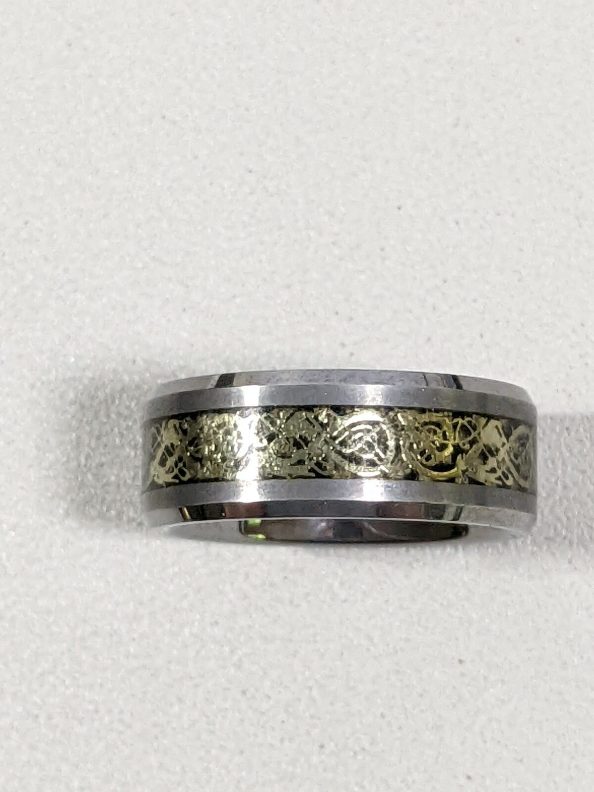 Tungsten Carbide Gray Gold Tone Scroll Inlay 8mm Band Ring Size 8