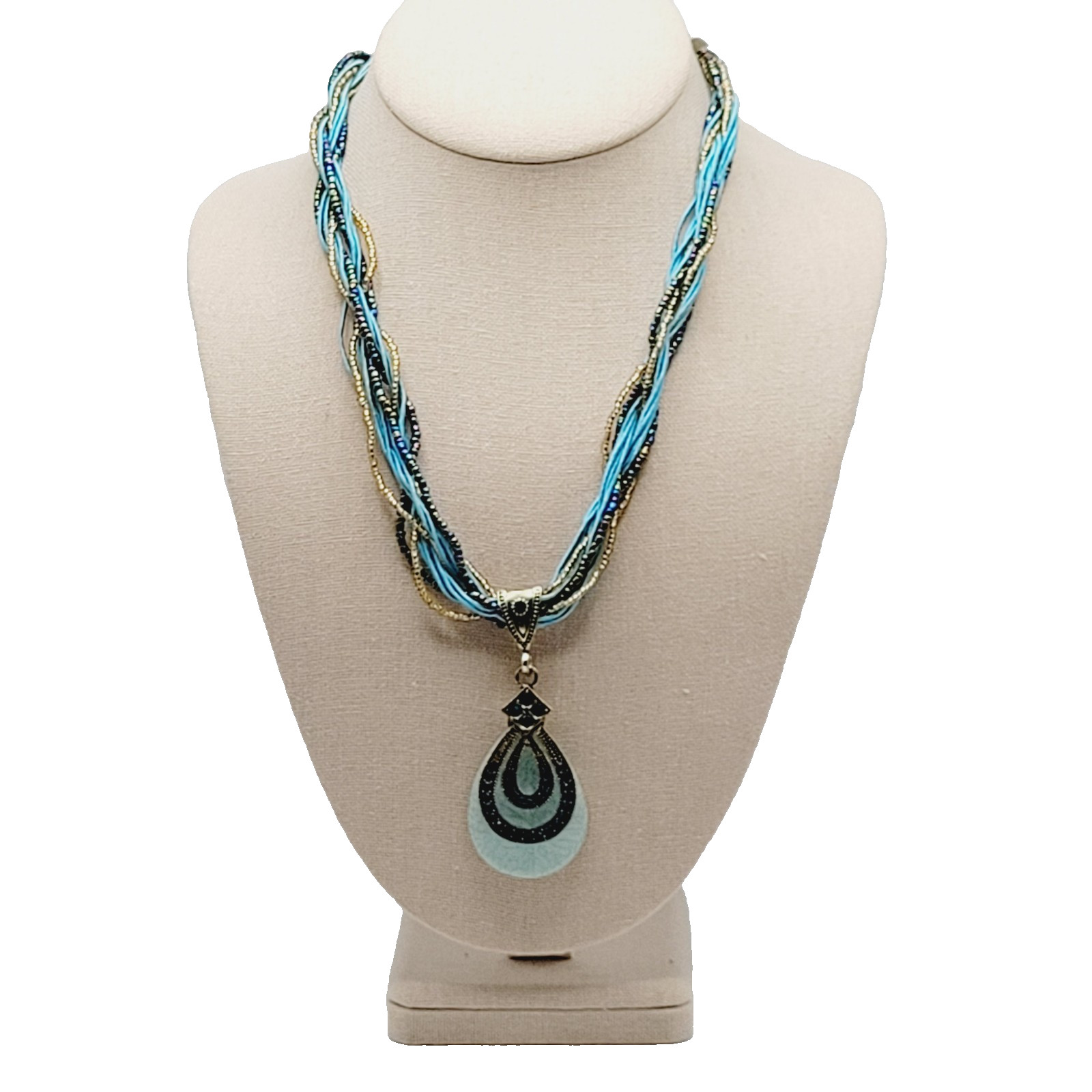 Modern Braided Multi Strand Peacock Colors Crystal Faux Stone Pendant Necklace
