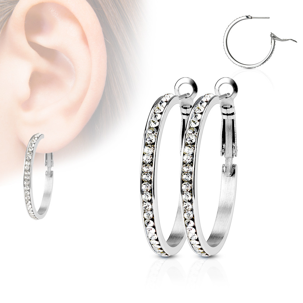 crystals light weight Medium Silver Hoops in Stainless Steel with 30mm earrings