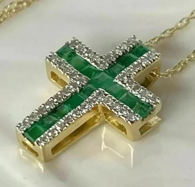 2Ct Princess Cut Simulated Green Emerald Cross Pendant 14K Yellow Gold Plated