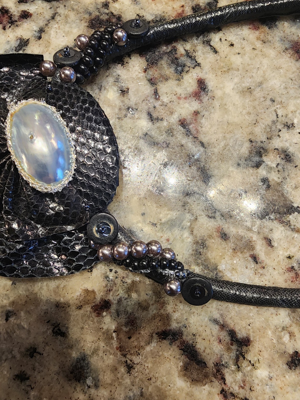 Artisan Black Leather Statement Necklace Iridescent Shell Pendant Boho