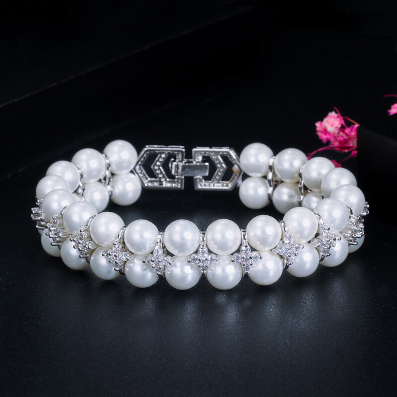 CWWZircons Handmade Double Rows CZ Big Pearl Bracelets Bangle for Women Wedding
