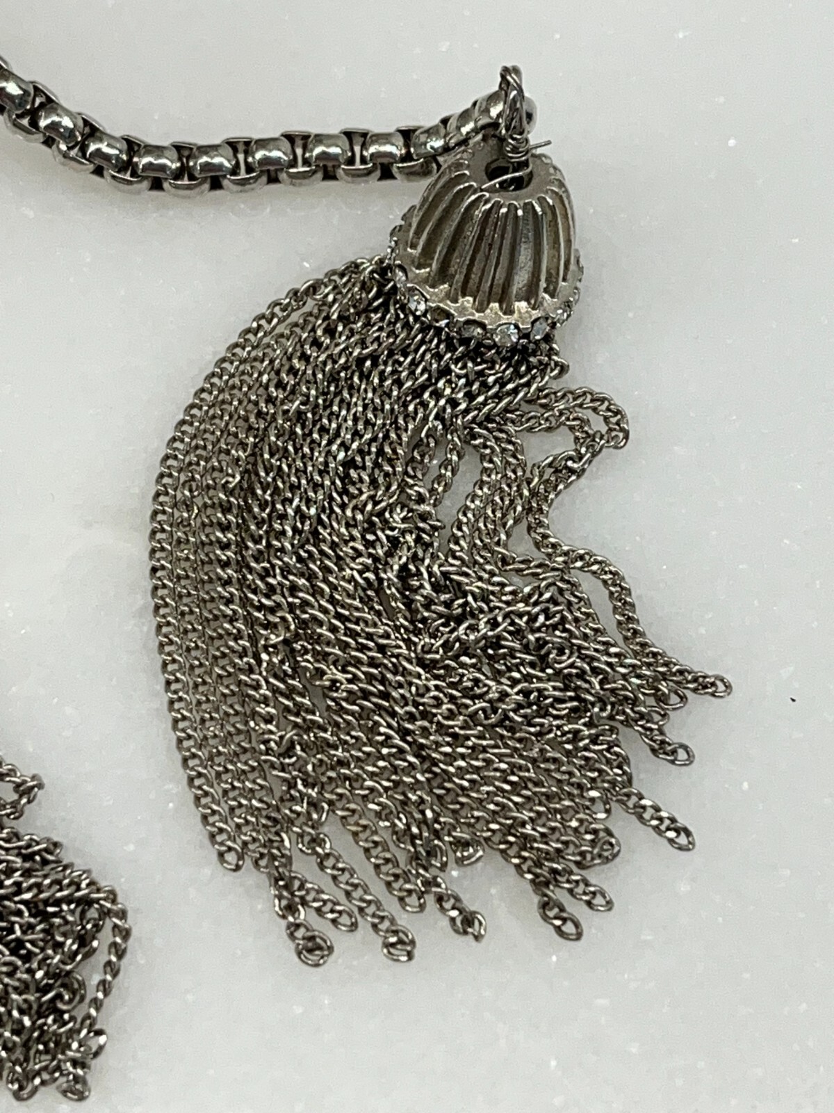 Silver Tone Tassle 19″ Necklace with Rhinestones