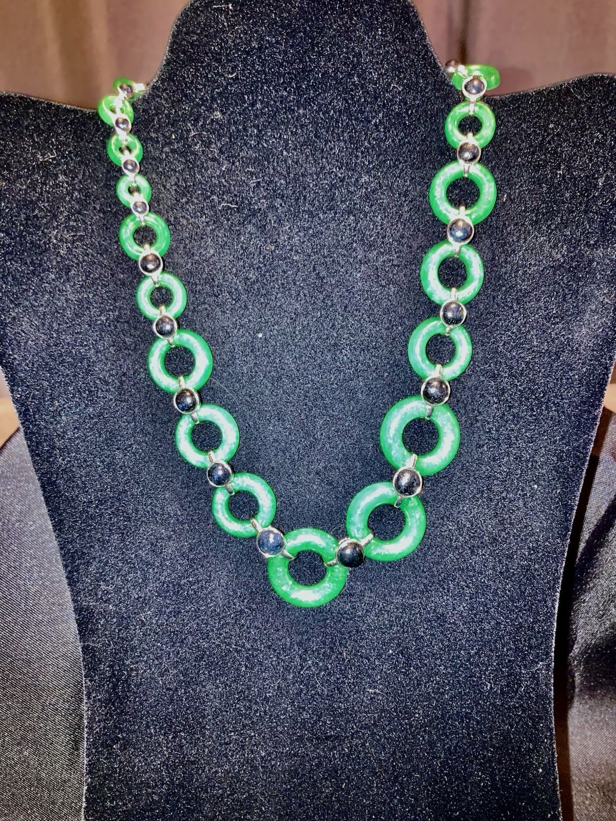 Designer Inspired Green and Black Jade Necklace in Platinum over Sterling Silver