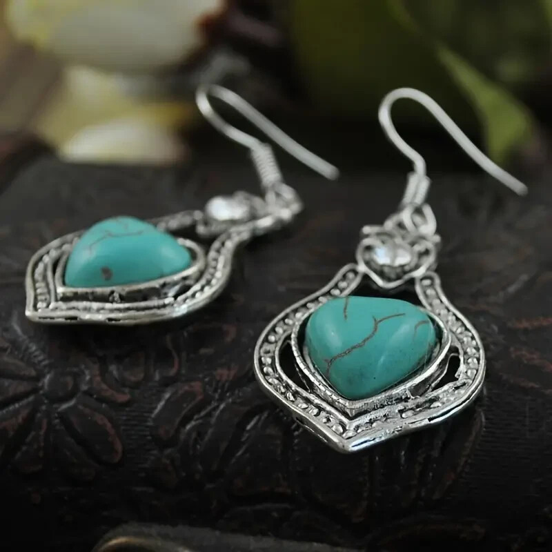NEW ANTIQUE SILVER HEART SHAPED TURQUOISE & CZ DANGLE FASHION EARRINGS