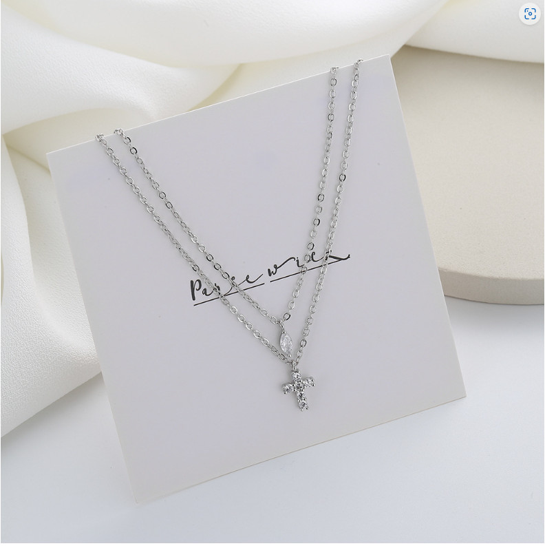 Silver Plated Double layers CZ cross pendant choker necklace 16-18″ K59