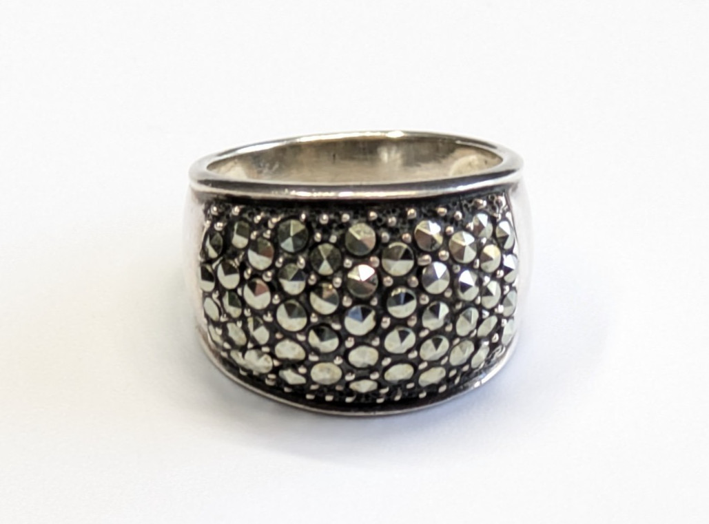 “A” Signed Sterling Silver 925 Pave Marcasite Stone 1/2″ Wide Band Sz 8 Ring