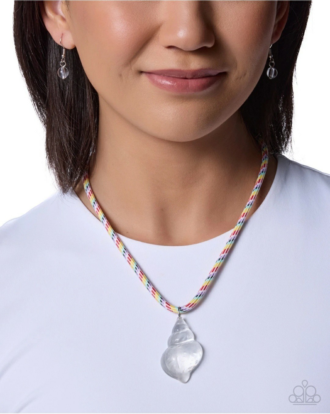 Paparazzi Swanky Shell Necklace, White w/Multicolored Cord, Transparent Seashell