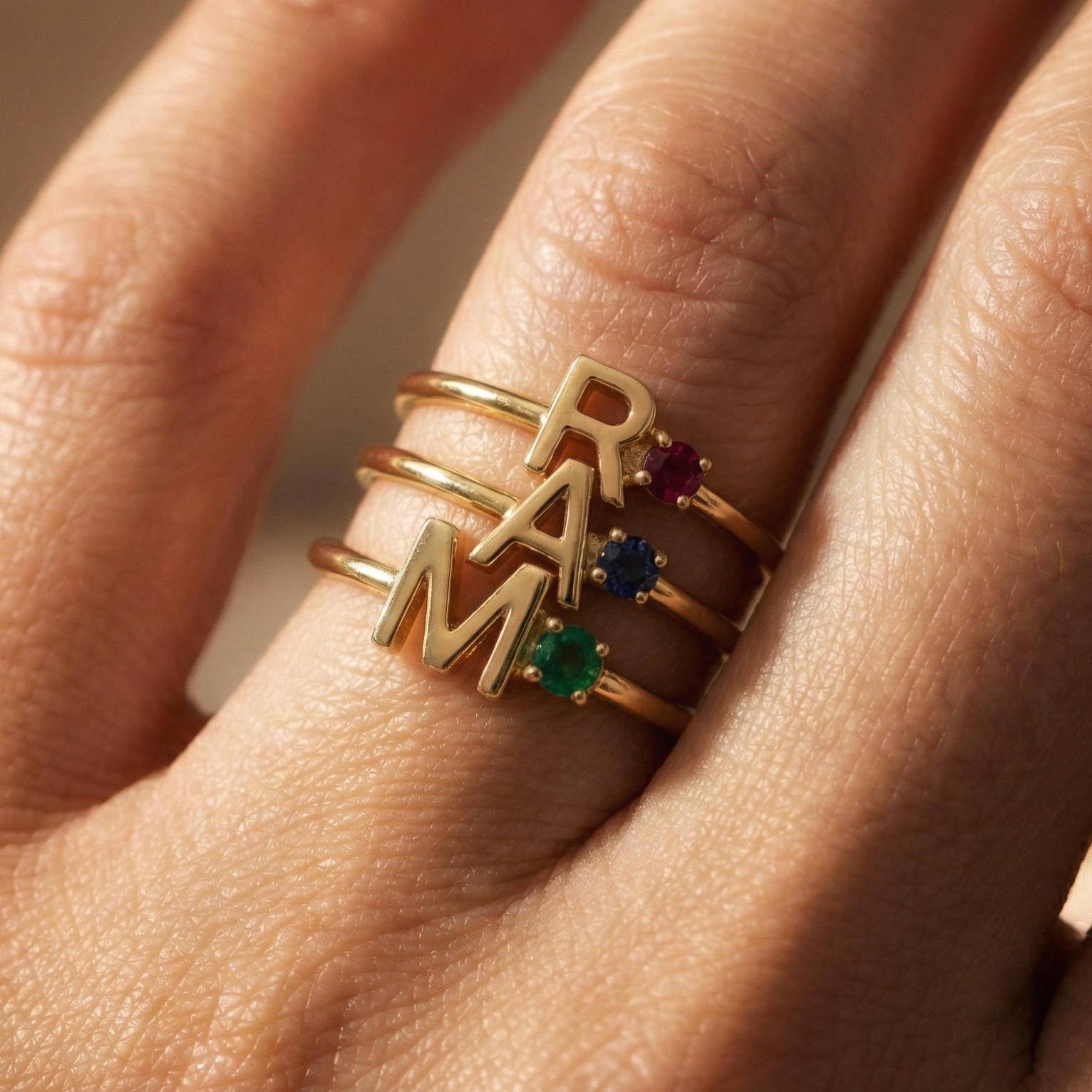 Gold Plated Lab-Created Gemstone Ring, 925 Silver Customised Name Ring For Gift