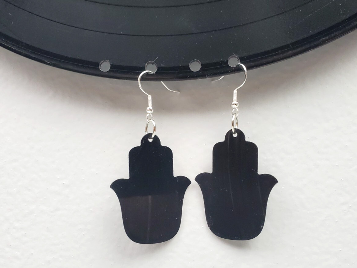 Hamsa Hand Earrings Repurposed Jewelry Upcycled Music Record Album Boho Fashion