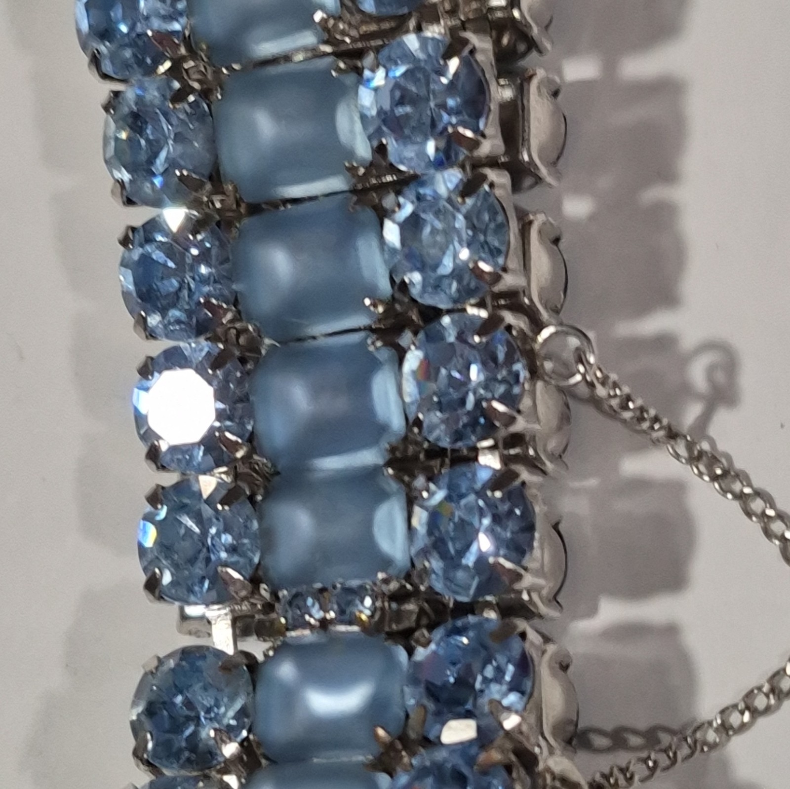 Blue Crystal Tennis Bracelet, Safety Chain, Silver Tone, 7.5in, Box Clasp