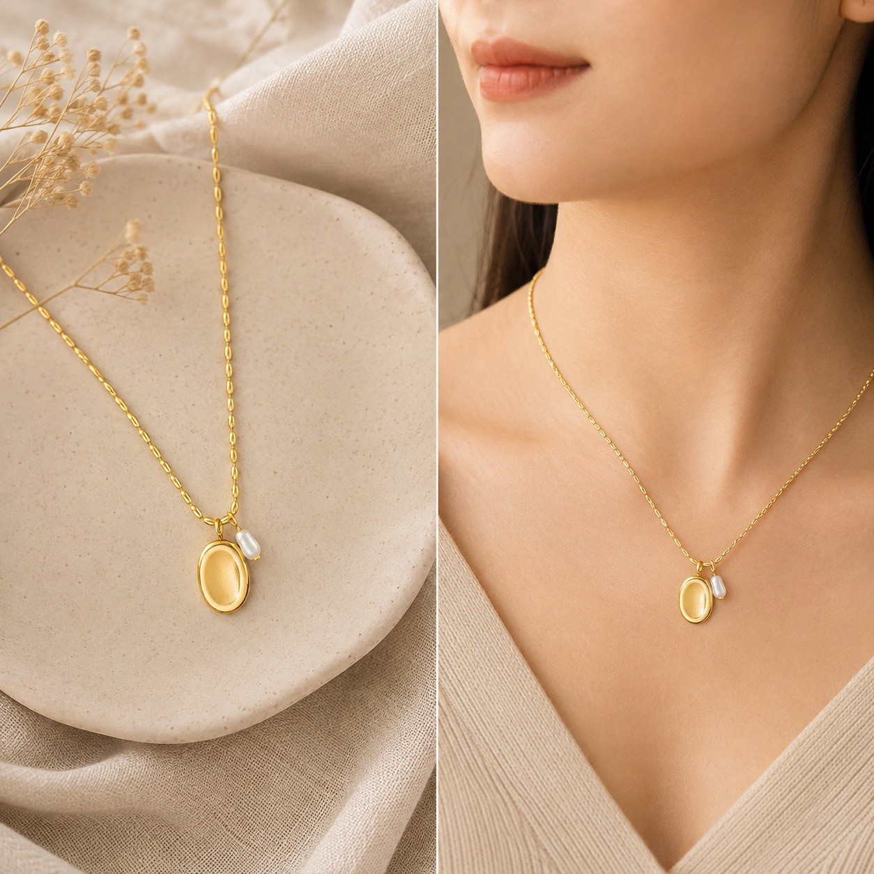 Real Gold Plated Oval Pendant Necklace Pearl Charm Dainty Minimalist Jewelry
