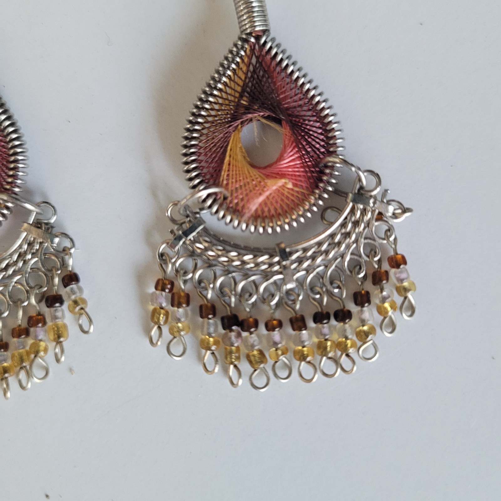 Bohemian Style Thread Teardrop Earrings Sunset Colored String Art Dangle Pierced