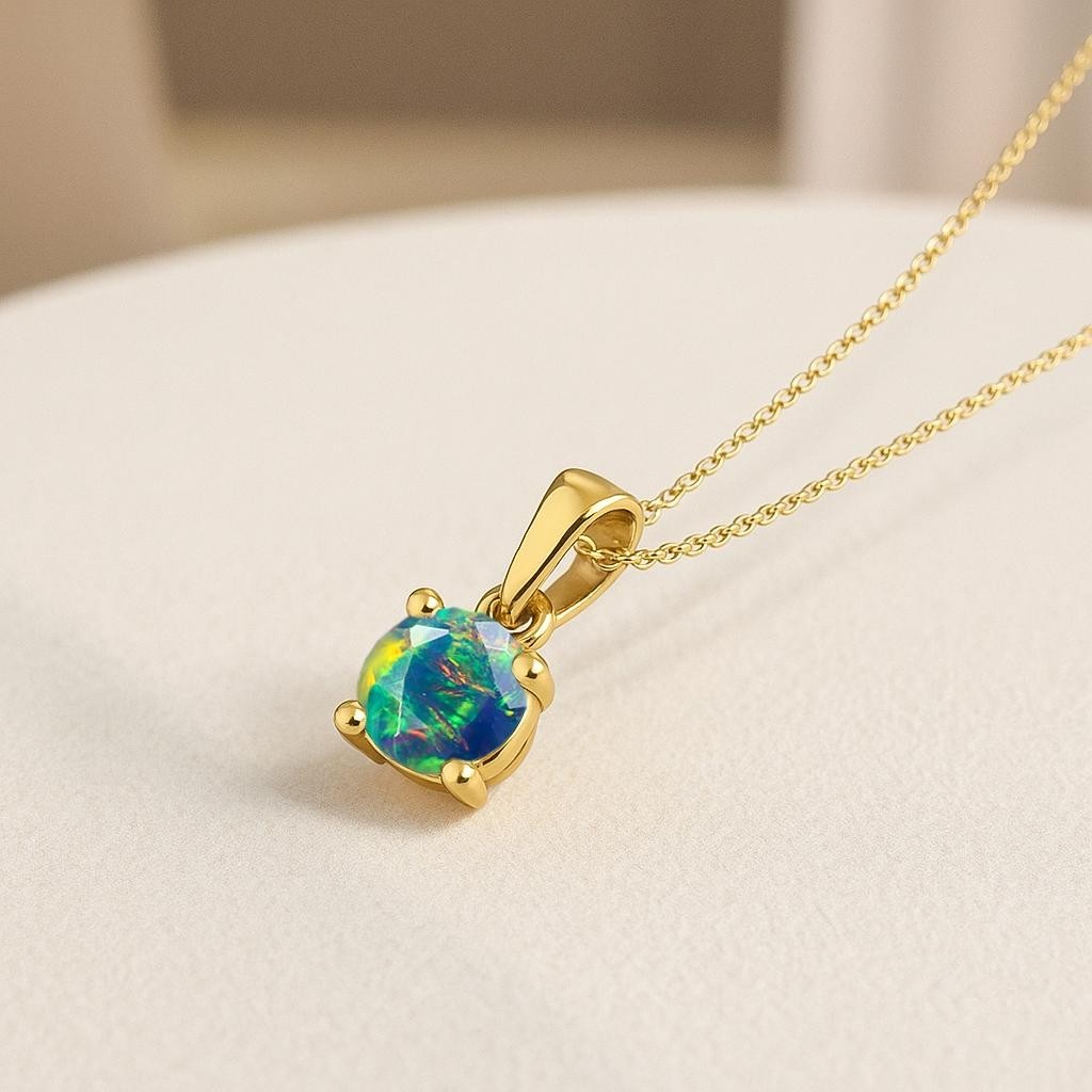Black Fire Opal Round Gemstone Pendant Necklace, Ethiopian Opal Gemstone Gold