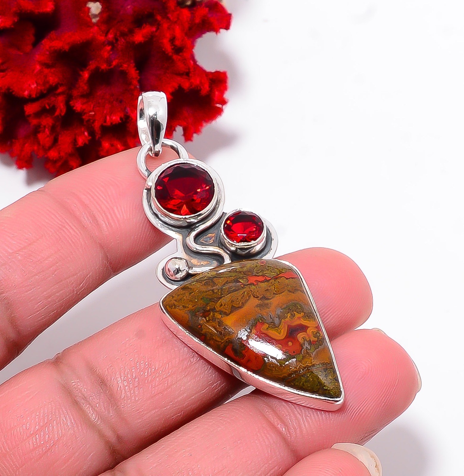Seam Agate – Morocco & Red Garnet 925 Sterling Silver Pendant 2.26″ P94321