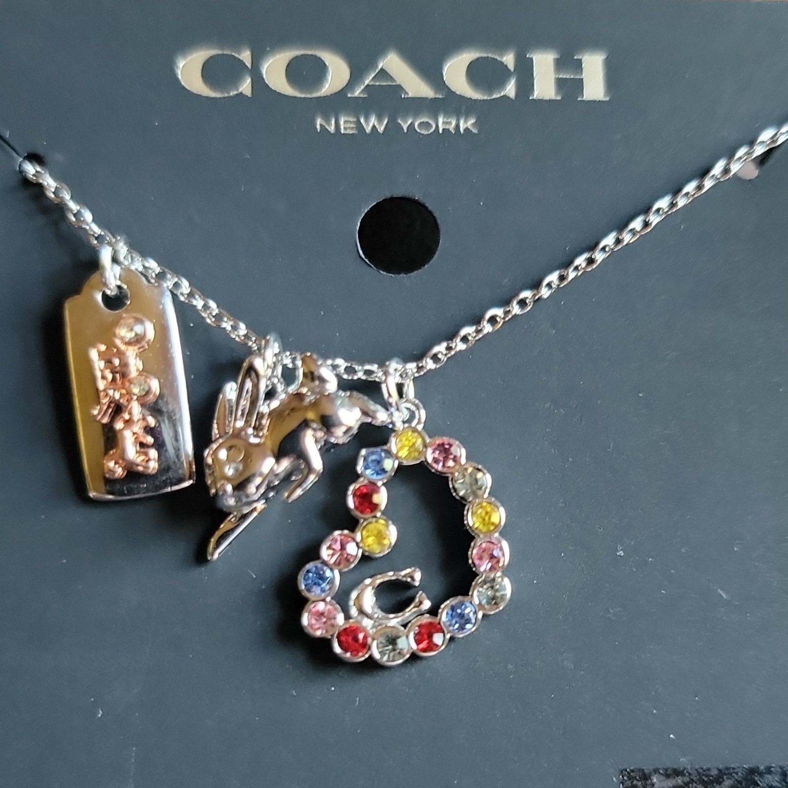 Coach Necklace with Heart Bunny & Hang Charm Silver Tone